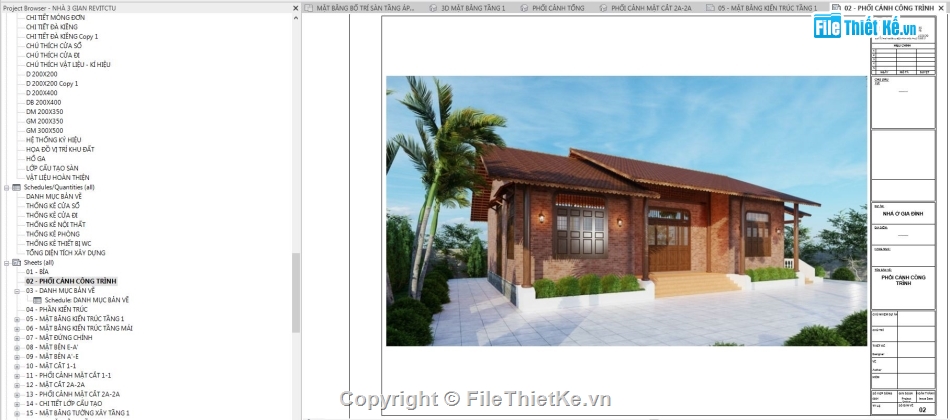 Revit nhà 3 gian,file revit nhà cấp 4,bản vẽ revit nhà cấp 4,File revit nhà 1 tầng,revit nhà cấp 4,File revit nhà 3 gian