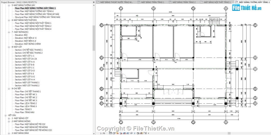 Revit nhà 3 gian,file revit nhà cấp 4,bản vẽ revit nhà cấp 4,File revit nhà 1 tầng,revit nhà cấp 4,File revit nhà 3 gian