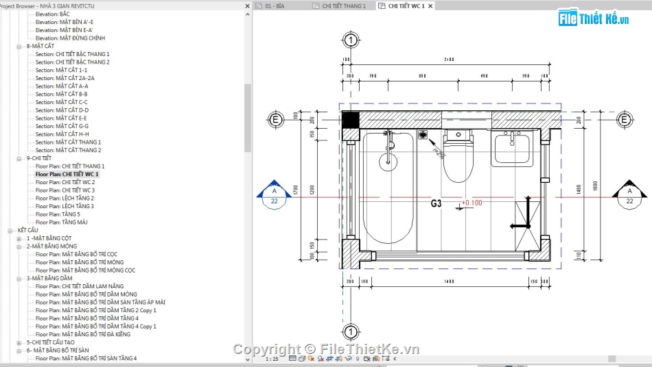 Revit nhà 3 gian,file revit nhà cấp 4,bản vẽ revit nhà cấp 4,File revit nhà 1 tầng,revit nhà cấp 4,File revit nhà 3 gian