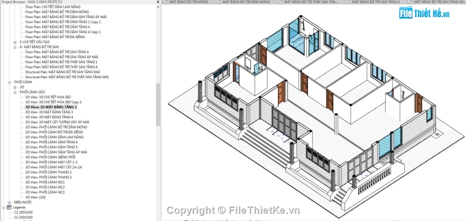 Revit nhà 3 gian,file revit nhà cấp 4,bản vẽ revit nhà cấp 4,File revit nhà 1 tầng,revit nhà cấp 4,File revit nhà 3 gian