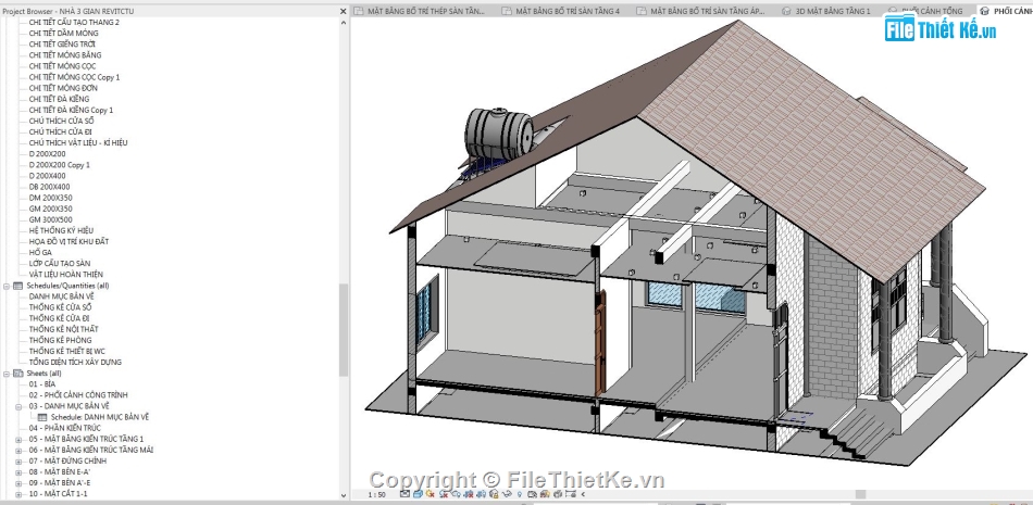 Revit nhà 3 gian,file revit nhà cấp 4,bản vẽ revit nhà cấp 4,File revit nhà 1 tầng,revit nhà cấp 4,File revit nhà 3 gian