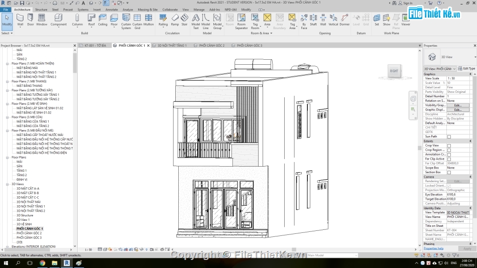 Nhà phố hiện đại 5x17.5m,Revit nhà phố 2 tầng 5x17.5m,Bản vẽ revit nhà phố,thiết kế revit nhà phố 2 tầng,nhà phố 2 tầng hiện đại