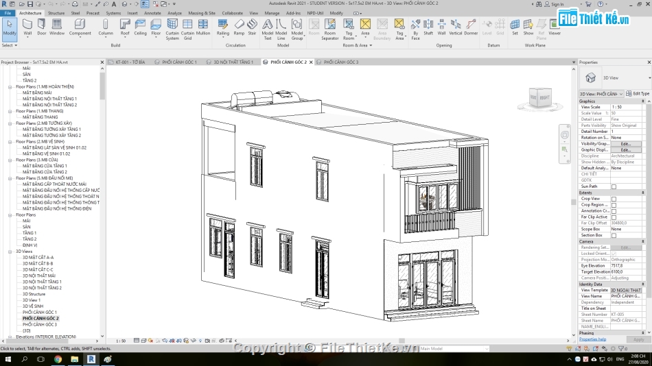 Nhà phố hiện đại 5x17.5m,Revit nhà phố 2 tầng 5x17.5m,Bản vẽ revit nhà phố,thiết kế revit nhà phố 2 tầng,nhà phố 2 tầng hiện đại