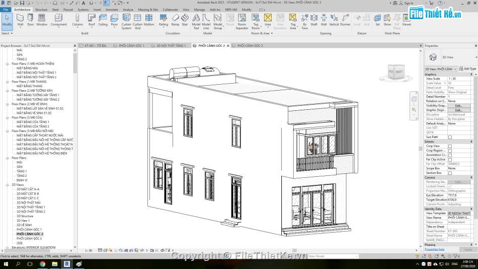 Nhà phố hiện đại 5x17.5m,Revit nhà phố 2 tầng 5x17.5m,Bản vẽ revit nhà phố,thiết kế revit nhà phố 2 tầng,nhà phố 2 tầng hiện đại