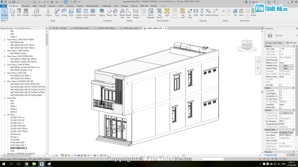 Nhà phố hiện đại 5x17.5m,Revit nhà phố 2 tầng 5x17.5m,Bản vẽ revit nhà phố,thiết kế revit nhà phố 2 tầng,nhà phố 2 tầng hiện đại