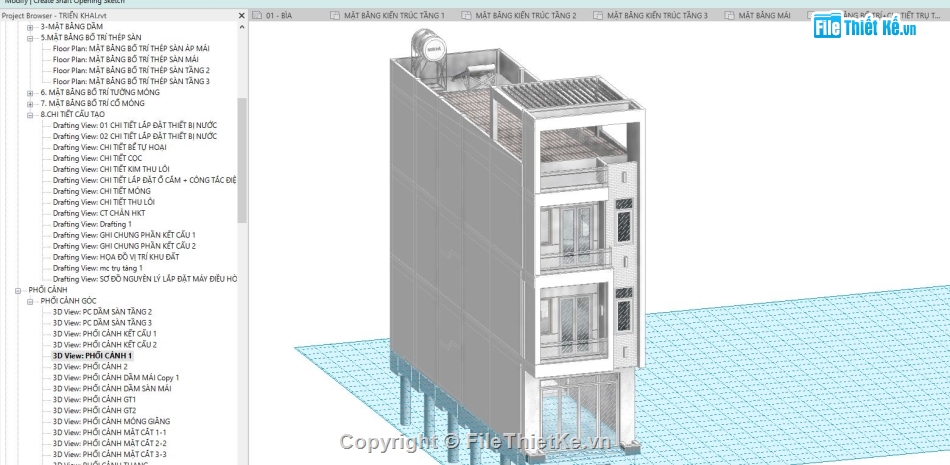 Revit nhà phố 3 tầng,Bản vẽ revit nhà phố 3 tầng,File Revit 2020 nhà phố,Nhà dân 3 tầng revit