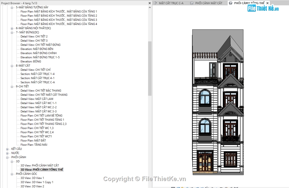 nhà phố 3 tầng,Bản vẽ nhà phố,nhà 4 tầng,kiến trúc 3 tầng,nhà phố 4 tầng 6.4x13m,REVIT nhà phố 4 tầng