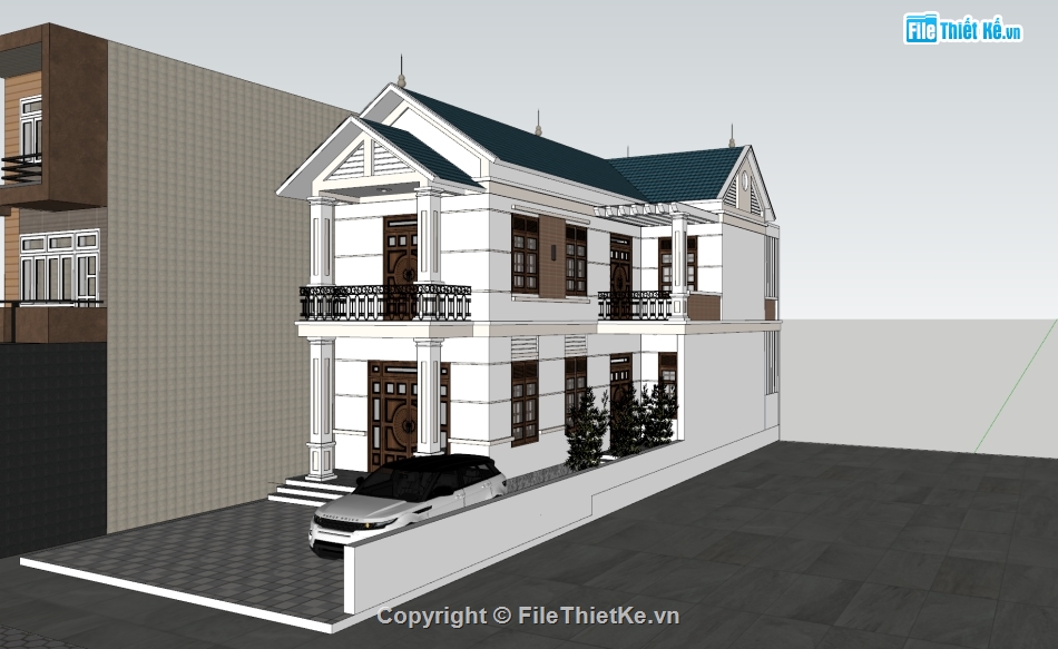 file sketchup,sketchup nhà 2 tầng chữ L,Model sketchup nhà 2 tầng mái thái,sketchup 2019 nhà 2 tầng,file su nhà 2 tầng