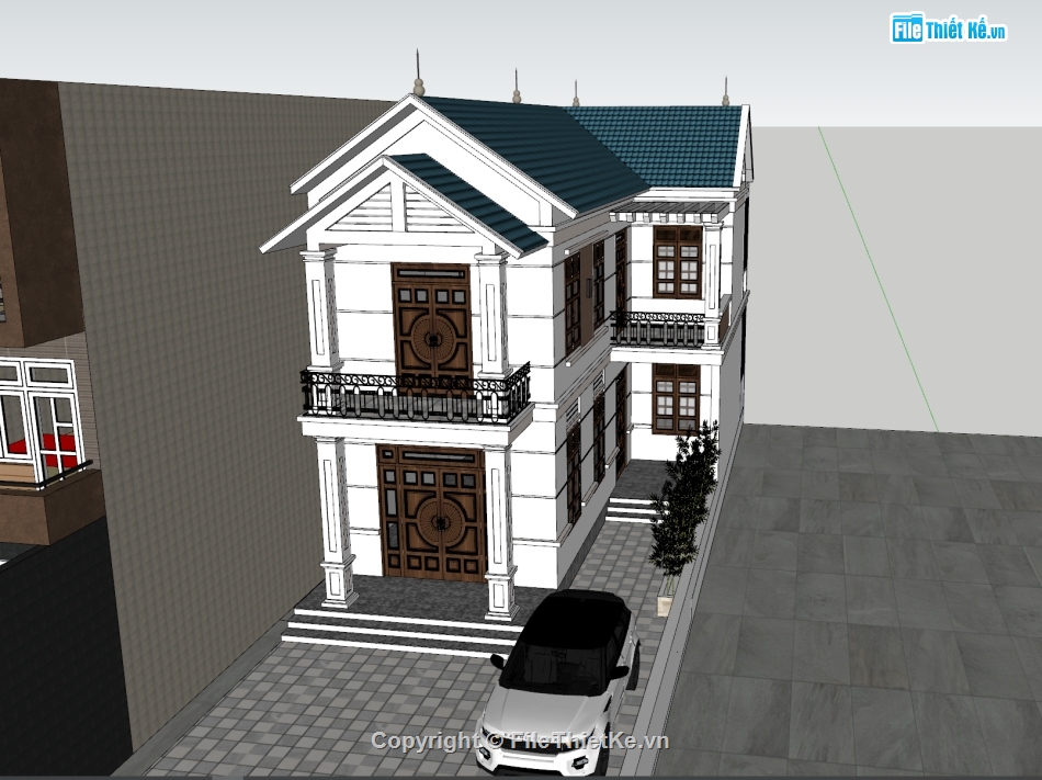 file sketchup,sketchup nhà 2 tầng chữ L,Model sketchup nhà 2 tầng mái thái,sketchup 2019 nhà 2 tầng,file su nhà 2 tầng
