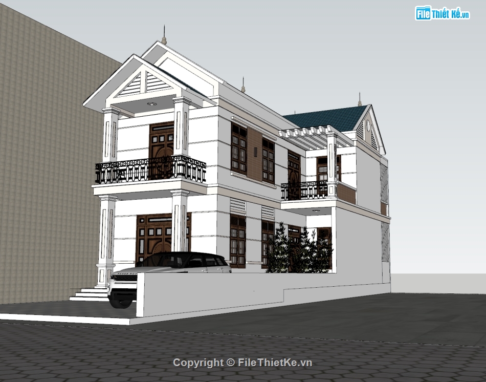 file sketchup,sketchup nhà 2 tầng chữ L,Model sketchup nhà 2 tầng mái thái,sketchup 2019 nhà 2 tầng,file su nhà 2 tầng