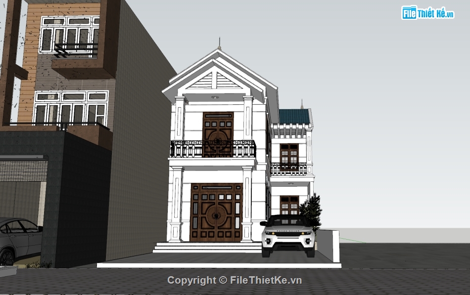 file sketchup,sketchup nhà 2 tầng chữ L,Model sketchup nhà 2 tầng mái thái,sketchup 2019 nhà 2 tầng,file su nhà 2 tầng