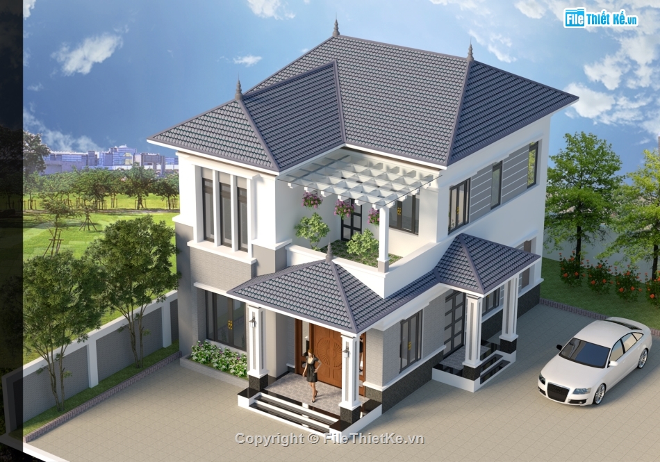 biệt thự hiện đại,bản vẽ biệt thự mái nhật 2 tầng,kiến trúc biệt thự,biệt thự mái nhật model su