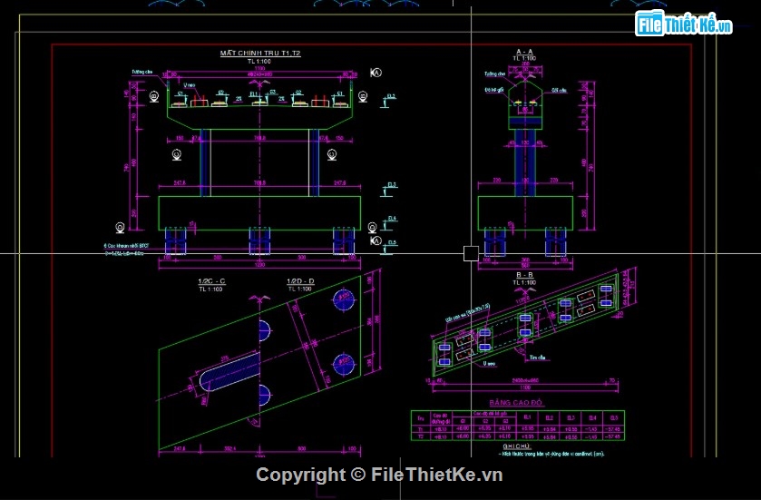 Bản vẽ trụ cầu góc xiên,Cách bố trí gối cầu trụ chéo góc,Cấu tạo trụ cầu chéo góc