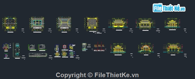 Nhà chính điện,file cad thiết kế chùa,bản vẽ chùa,bản vẽ nhà chính điện 15.8x17m