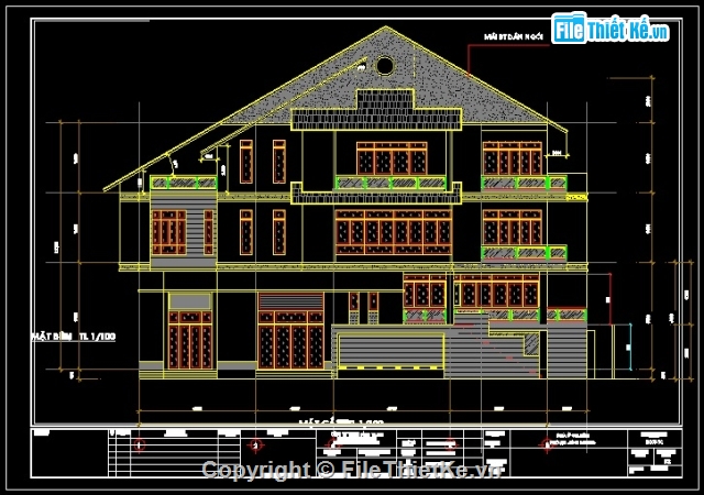 bản vẽ thiết kế kiến trúc biệt thự 3 tầng KT 10x24,bản vẽ thiết kế biệt thự 3 tầng mái ngói,bản vẽ biệt thự 3 tầng