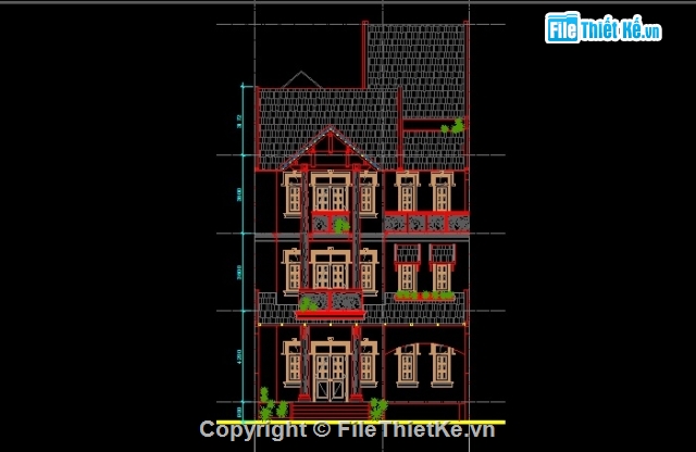 Bản vẽ thiết kế kiến trúc biệt thự 3.5 tầng KT 9.9,biệt thự 3.5 tầng mái ngói,biệt thự phố mặt tiền 10m