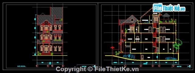 Bản vẽ thiết kế kiến trúc biệt thự 3.5 tầng KT 9.9,biệt thự 3.5 tầng mái ngói,biệt thự phố mặt tiền 10m