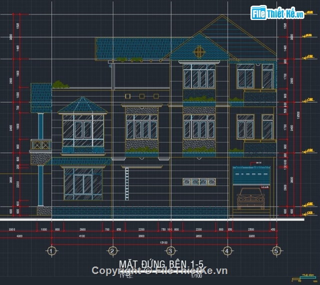 kiến trúc biệt thự,Bản vẽ kiến trúc biệt thự,nhà biệt thự,biệt thự 3 tầng 7x15.1m,bản vẽ biệt thự 3 tầng