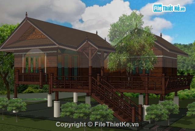 Bản vẽ thiết kế nhà sàn đẹp KT (9mx11m) SKETCHUP 2016