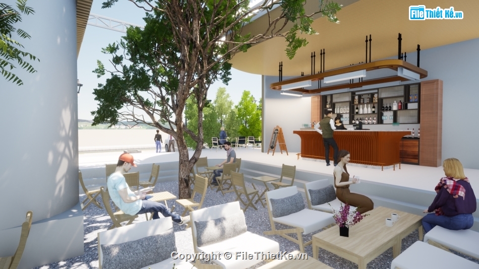 Sketchup nội thất,file cad vẽ quán cà phê,quán cafe