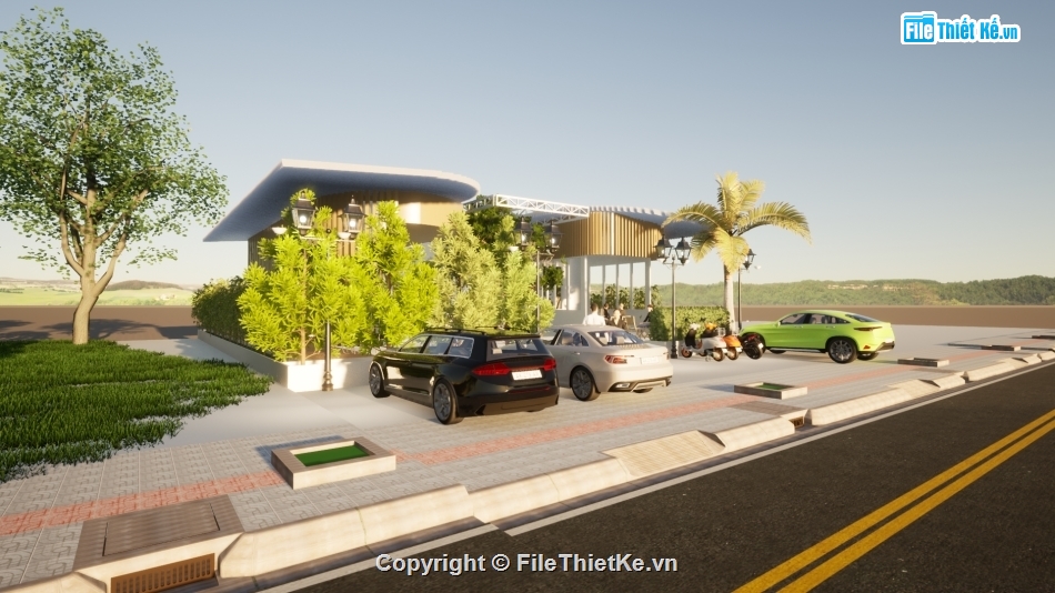 Sketchup nội thất,file cad vẽ quán cà phê,quán cafe