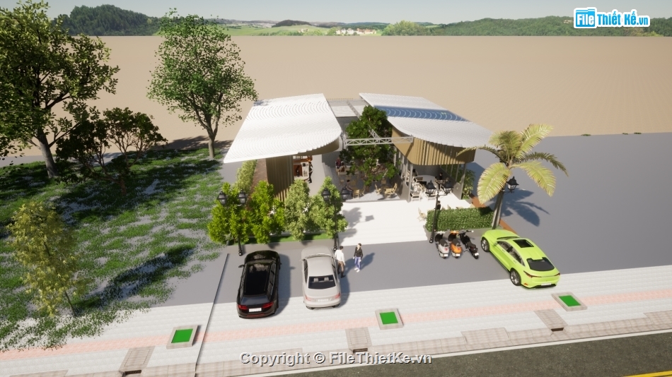 Sketchup nội thất,file cad vẽ quán cà phê,quán cafe