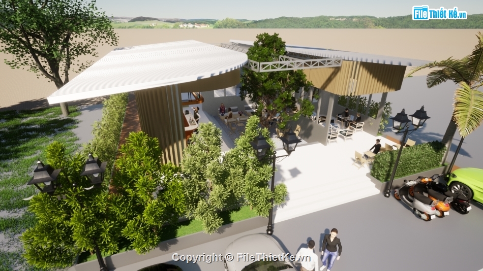 Sketchup nội thất,file cad vẽ quán cà phê,quán cafe