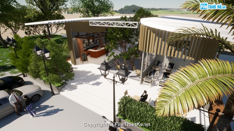 Sketchup nội thất,file cad vẽ quán cà phê,quán cafe