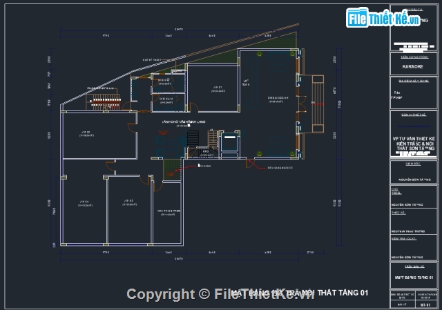 karaoke,kiến trúc 5 tầng,Bản vẽ quán hát,file cad thiết kế quán hát,Bản vẽ bố chí nội thất quán hát