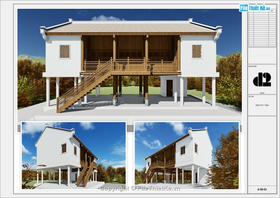 mẫu nhà 2 tầng kiểu nhà sàn,nhà thờ 3 gian,bản vẽ revit