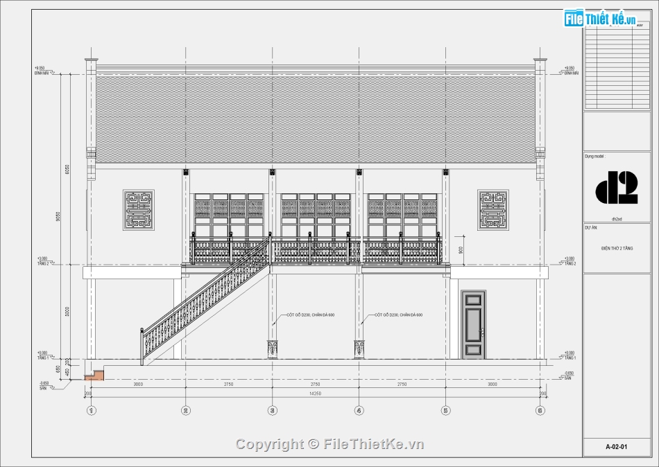 mẫu nhà 2 tầng kiểu nhà sàn,nhà thờ 3 gian,bản vẽ revit