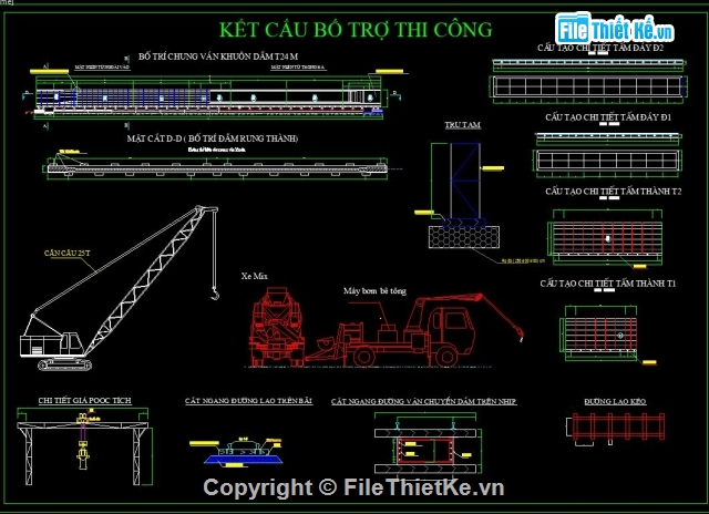 Bản vẽ thi công,cấu tạo dầm dẫn,thi công kết cấu nhịp,thi công dầm T,các bước thi công kết cấu nhịp,lao lắp dầm bằng giá long môn