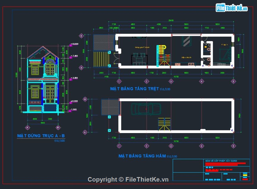 Autocad xin phép xây dựng,nhà 3 tầng 5.5x20m,Xin phép xây dựng nhà 3 tầng