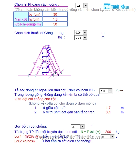 Bảng tính cốp pha,CỘT - DẦM - SÀN,tính toán,File excel tính toán thi công