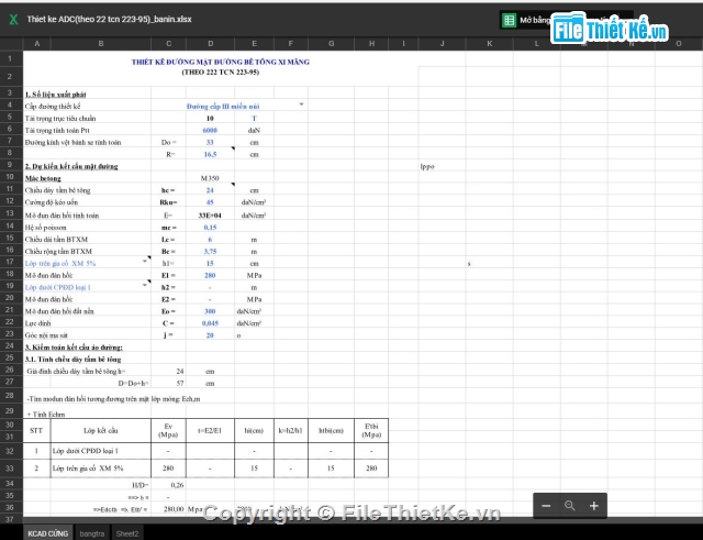 22TCn223-95,Bảng excel,Bảng tính áo đường cứng,22TCN 223-95