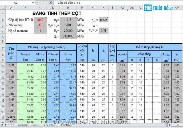 Bảng excel,tính thép cột 1 phương,Bảng excel tính thép cột 1 phương,Bảng excel tính thép