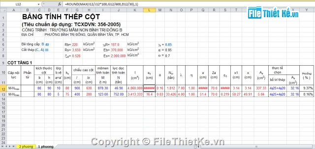 Tính toán bố trí thép cột,bảng excel,tính thép cột,bố trí thép cột