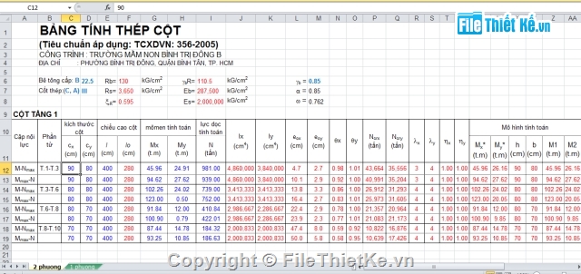 Tính toán bố trí thép cột,bảng excel,tính thép cột,bố trí thép cột