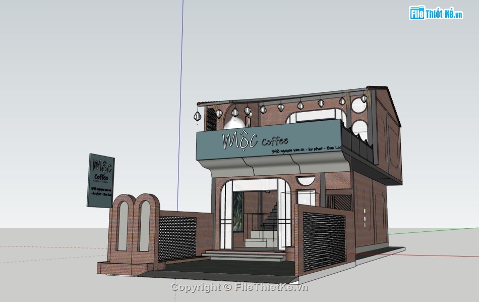 ngoại thất quán cà phê,phối cảnh quán cà phê,sketchup quán cà phê,file sketchup ngoại thất quán cà phê