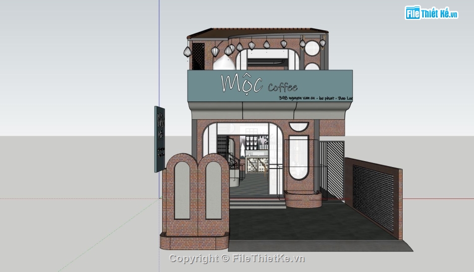 ngoại thất quán cà phê,phối cảnh quán cà phê,sketchup quán cà phê,file sketchup ngoại thất quán cà phê