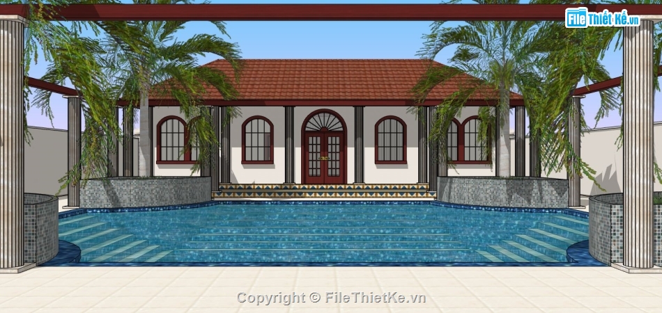 biệt thự sân vườn,model su biệt thự,sketchup biệt thự 1 tầng