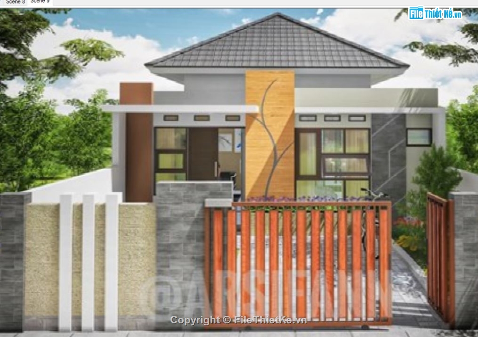 sketchup biệt thự 1 tầng,su biệt thự 1 tầng,thiết kế biệt thự 1 tầng