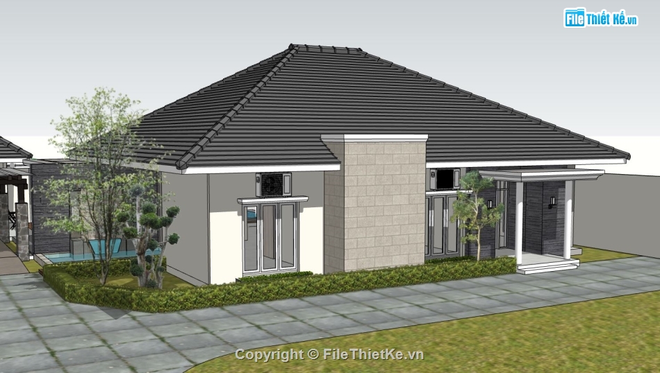 model su biệt thự 1 tầng,mẫu biệt thự 1 tầng,file sketchup biệt thự 1 tầng