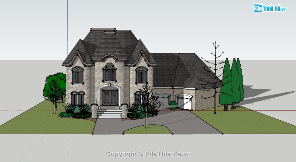 biệt thự phong cách châu âu 2 tầng,file su thiết kế biệt thự,nhà biệt thự 2 tầng dựng model su