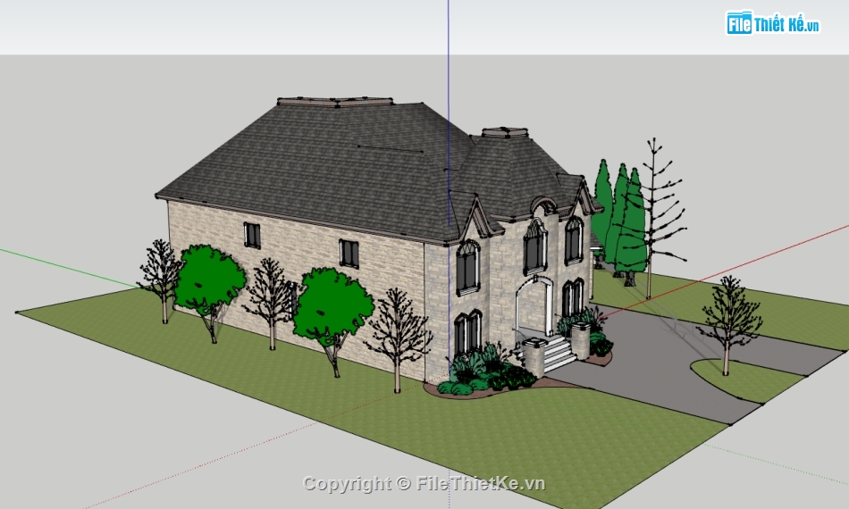 biệt thự phong cách châu âu 2 tầng,file su thiết kế biệt thự,nhà biệt thự 2 tầng dựng model su