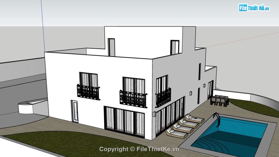 Biệt thự  2 tầng,file sketchup biệt thự 2 tầng,biệt thự có bể bơi