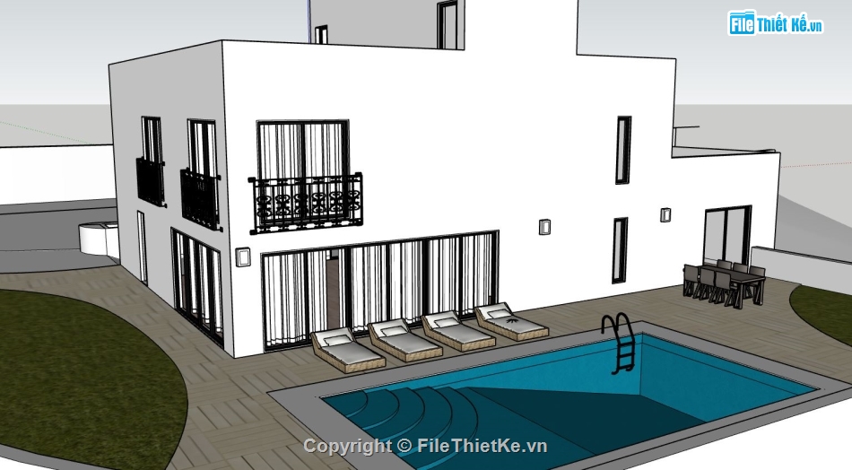 Biệt thự  2 tầng,file sketchup biệt thự 2 tầng,biệt thự có bể bơi