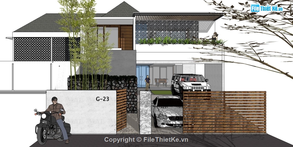 su biệt thự 2 tầng,sketchup biệt thự 2 tầng có hồ bơi,model biệt thự 2 tầng su