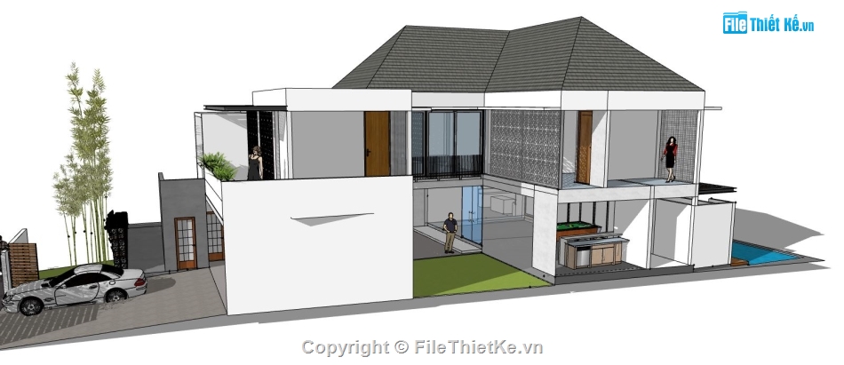 su biệt thự 2 tầng,sketchup biệt thự 2 tầng có hồ bơi,model biệt thự 2 tầng su