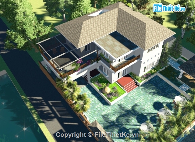 Biệt thự 2 tầng rưỡi,biệt thự vẽ bằng  sketchup,mẫu biệt thự sketchup